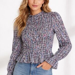 Express Smocked Peplum Blouse Size S Multicolor Puff Sleeve Romantic Top